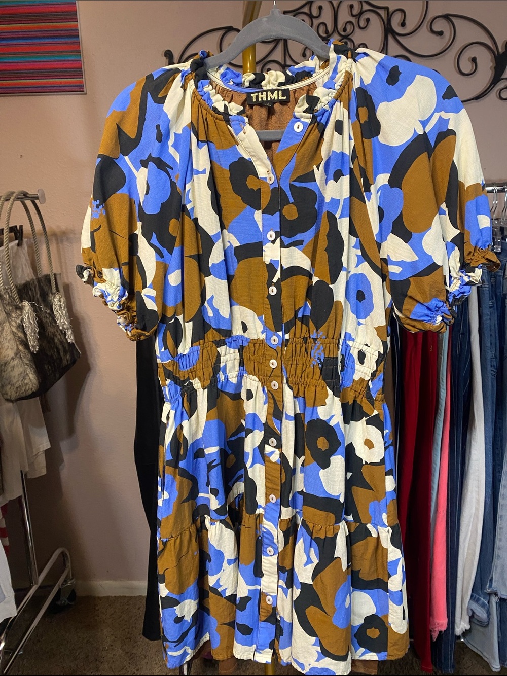 THML Blue and Brown Abstract Button-Front Babydoll Tiered Midi Dress